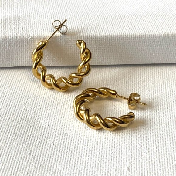 18k Gold Plated Twisted Hoop Earrings - Picture 6 of 7